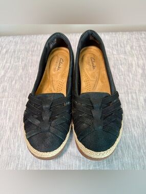 Clarks Collection Woven Espadrille Comfort Flat | Black Suede | Size 7.5W